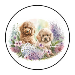 30 WATERCOLOR POODLES STICKERS ENVELOPE SEALS LABELS 1.5″ ROUND FLORAL PUPPIES