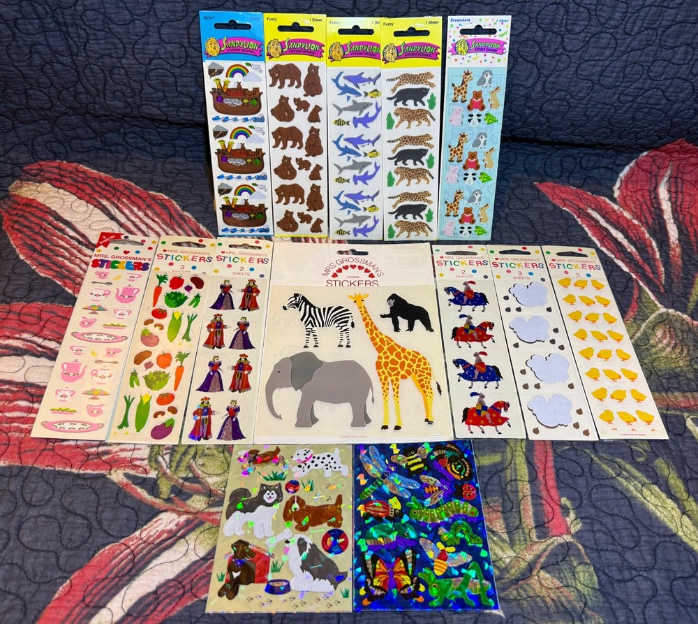 Vintage Mrs. Grossman’s Sandylion Stickers Lot Fuzzy Sharks Bears Prismatic Rare