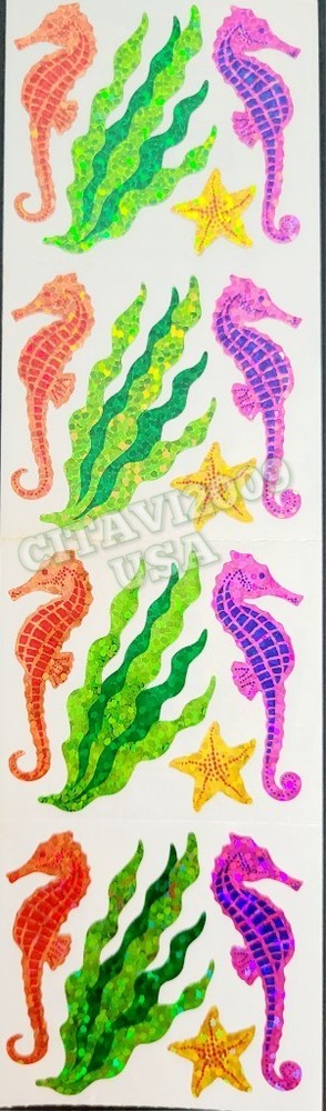 HAMBLY STUDIOS STICKERS PRISMATIC GLITTER OCEAN SEAHORSES STAR SEAWEED VINTAGE