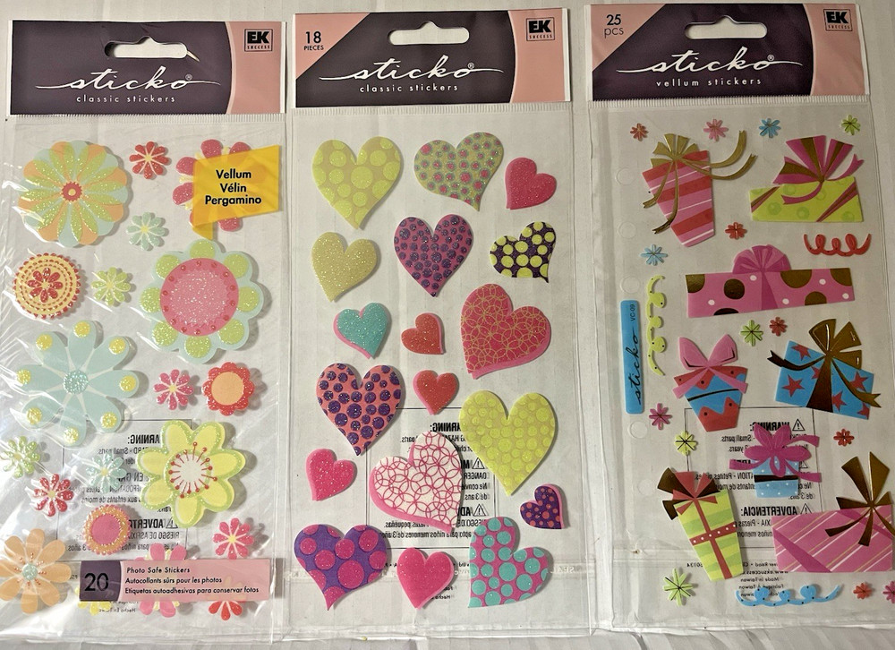 3 Sheets STICKO STICKERS (classic and vellum)–Hearts, Flowers, Presents–New