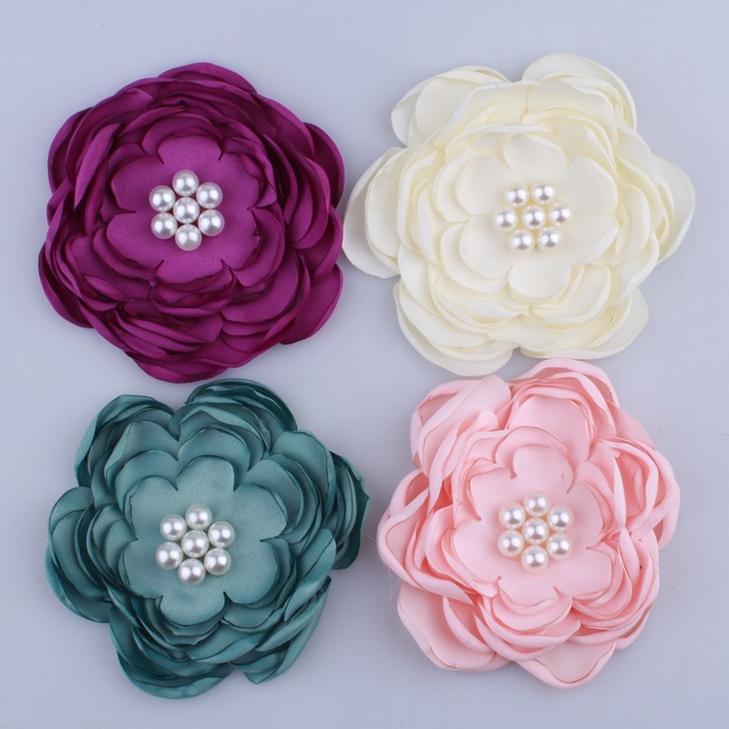 50PCS 9.2CM Fashion Burned Satin Fabric Flowers With Bead For Clothes Accessory