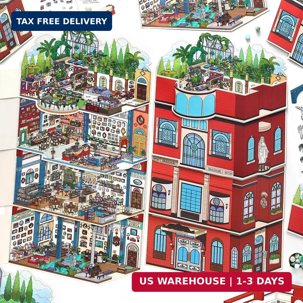 4PCS Foldable 3D Sticker Scene Book for Adults & Teens, DIY Isometric House Scen