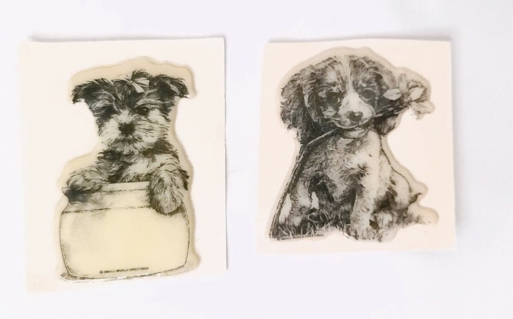 Vintage 80’s Stickers Small World Greetings Black & White Puffy Dogs