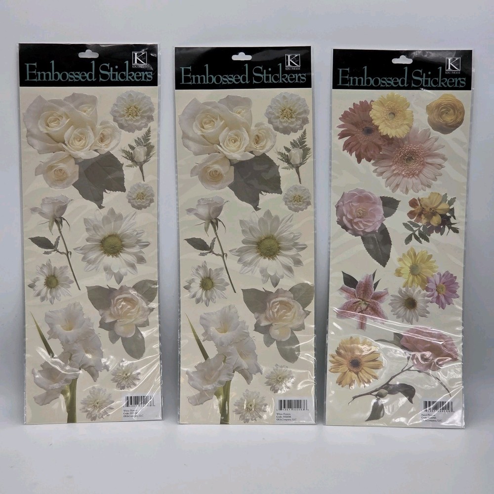 K&Company Embossed Stickers White Flowers(2) Pastel Flowers(1) Scrapbooking