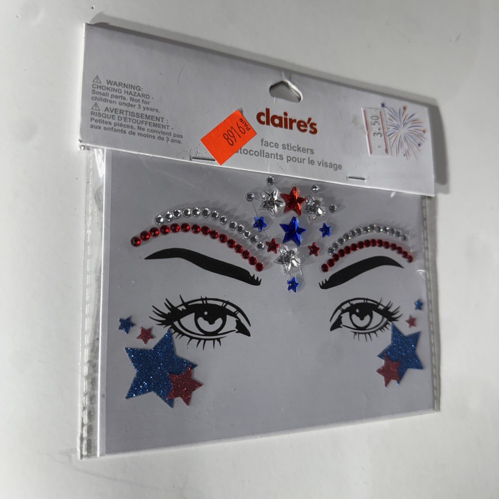 Claire’s NEW 4th of July Face Stickers Gems USA Stars Patriotic Red Silver Blue