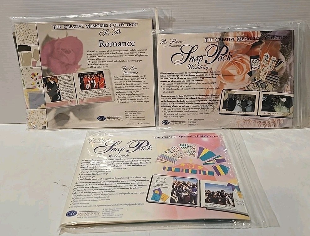 3 Creative Memories Snap Pack Kits – ROMANCE, WEDDING & CELEBRATE – Scrapbooking