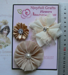 CHAMPAGNE CREAM 3 Flower Mix Satin Organza Lace HANDMADE 35, 65 & 70mm NJC HM1-4