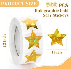 500 PCS Holographic Gold Star Stickers, 1 inch Self Adhesive Metallic Glitter…