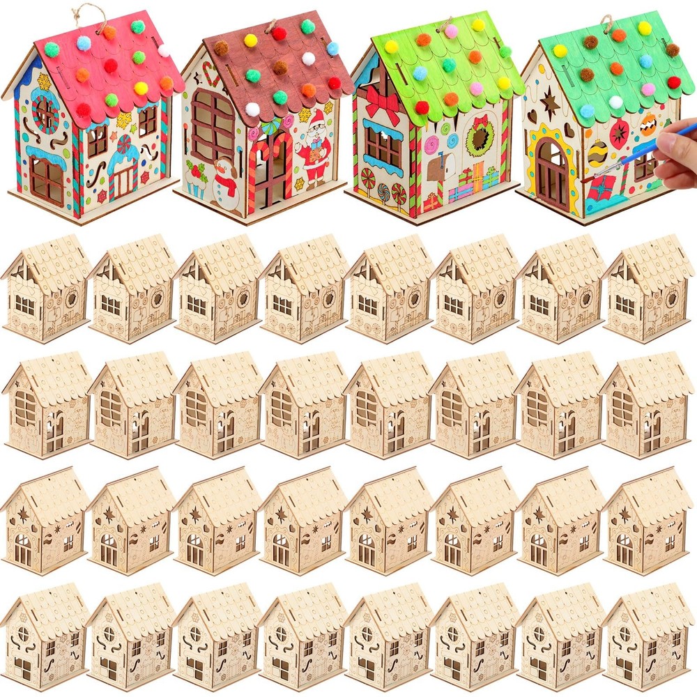 DoubleFill 60 Pcs Wood Gingerbread House Craft Kit for Kids DIY Wooden Christ…