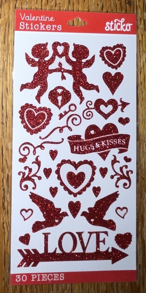 Sticko Valentines Love Cupid Hearts Hugs & Kisses Red Glittery Scrapbook Sticker