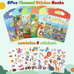 6Pcs Reusable Sticker Books, Sticker Books for Toddlers 2-4 Years, Vehicles Inse