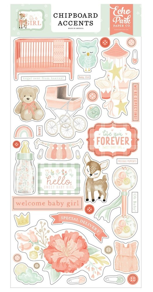 Echo Park Paper IT’S A GIRL Baby Shower 6×13 Sheet of Chipboard Accents