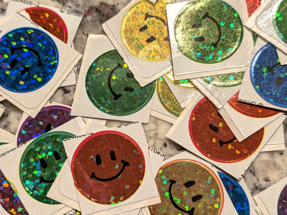 240 Round 1 Inch Holographic Glitter Happy Face Smile Stickers Envelope Seals