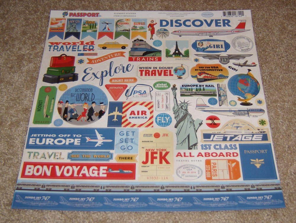 Echo Park/Carta Bella 12×12 Cardstock Element Sticker Sheet ~ Travel…Passports