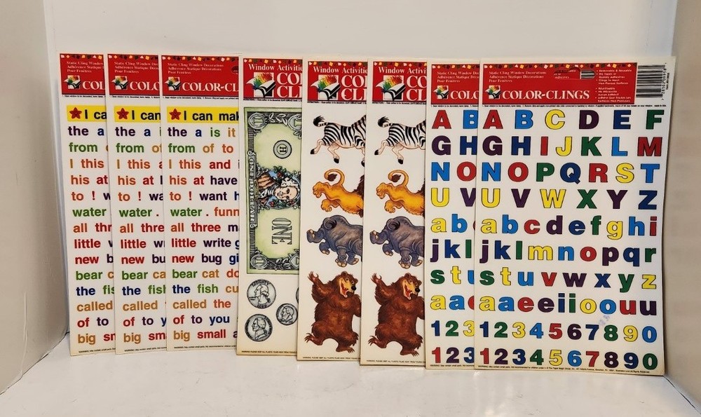 Vtg Window Color Static Clings Sheets Lot of 8, Alphabet, Words, Animals, Money