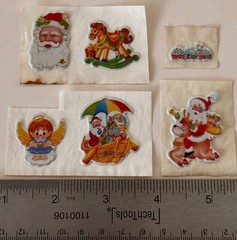 Vintage Puffy Stickers Angel Wings Santa Claus Presents Rocking Horse Toy Feliz