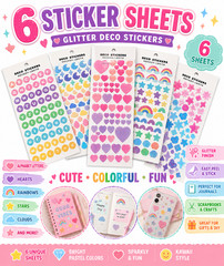 6 Sheet Kawaii Glitter Sticker Lot Alphabet Hearts Rainbows Stars Journal Plan