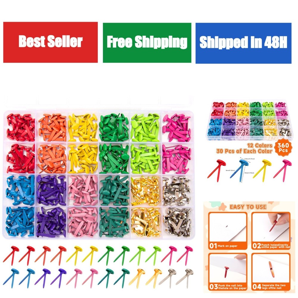 360 Pcs Brass Brads for Paper Crafts – 12 Colors Metal Fasteners
