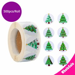500pcs/roll 1in 8 Designs Green Christmas Tree Stickers Round Shape Chrome Paper