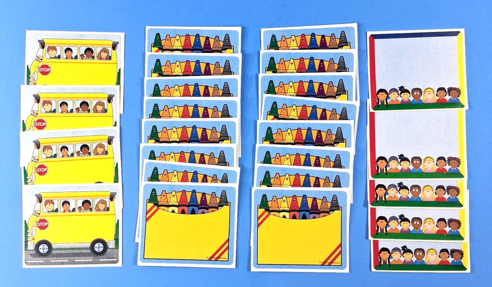 Vintage Carson Dellosa Apples Buses Crayons & Kids Name Tag Sticker Set Of 34