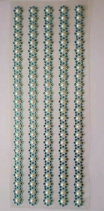 CraftbuddyUS 5 TURQ Round w/ 6mm Pearl Self Adhesive Rhinestone Stripes