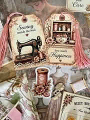 Vintage Sewing Junk Journal Kit Handmade Ephemera Stickers Tags Fabric 108 Piece
