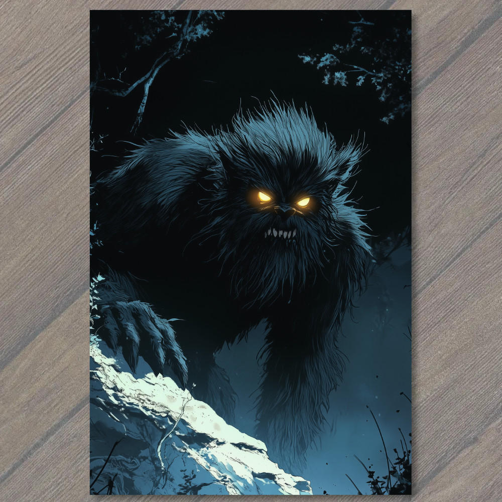 STICKER Glowing Eye Monster Stalking Forest Snowy Cliff Dark Fur Yellow Eyes C