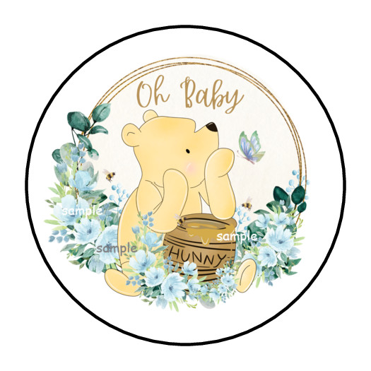 CLASSIC WINNIE THE POOH OH BABY SHOWER STICKERS ENVELOPE SEALS BLUE 1.5″ (30)