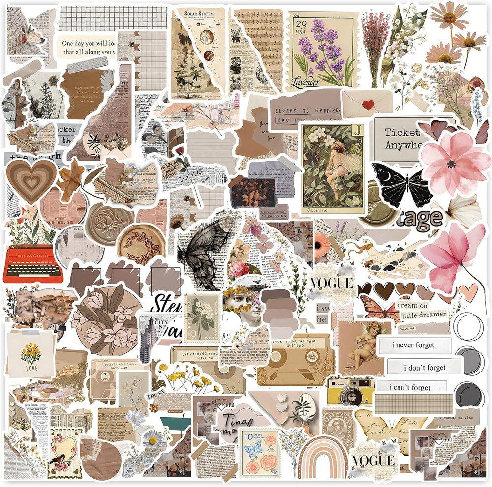 120Pcs Vintage Stickers, Waterproof Scrapbook Aesthetic Sticker for Daily Planne