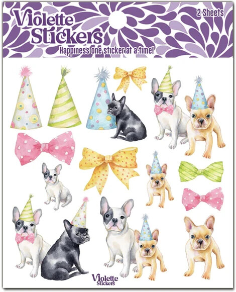 Violette Stickers 2 Sheets French Bull Dogs Birthday Party Hats Bow Ties