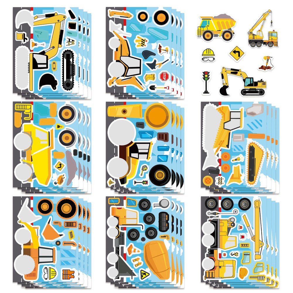 16PCS Cartoon Engineering Car Puzzle Stickers Luggage Make A Face Notebook Puzzl