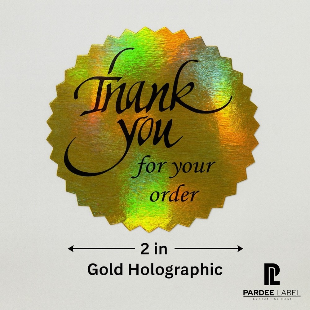 Gold Holographic Thank You Stickers – Starburst Cut – 250 Labels per Roll