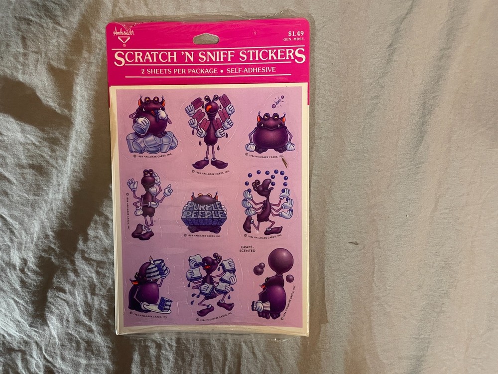 Vintage 1984 Hallmark Scratch N Sniff Stickers – Purple Peeple Grape NOS
