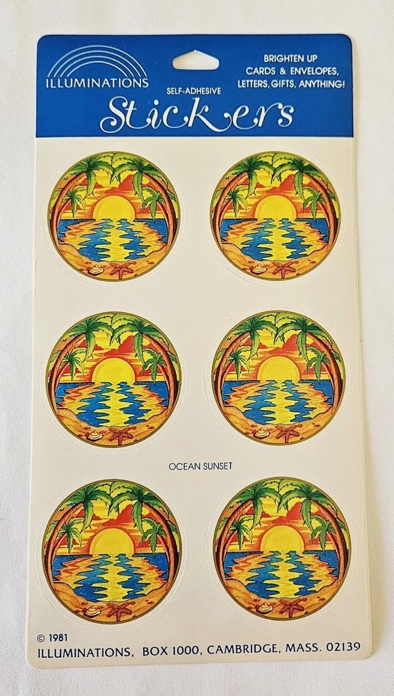 Vtg 80s Illuminations Stickers Ocean Sunset 1981 Sheet tropical beach