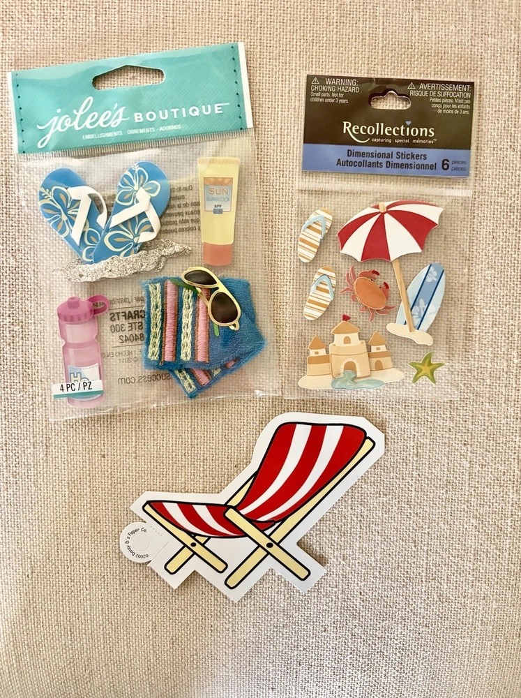 Cute BEACH Theme Dimensional Stickers AND Die-Cut~ 3 PIECE LOT~ ALL NEW