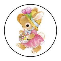 30 Cute Easter Bunny Envelope Seals Labels Stickers 1.5″ Round basket flowers
