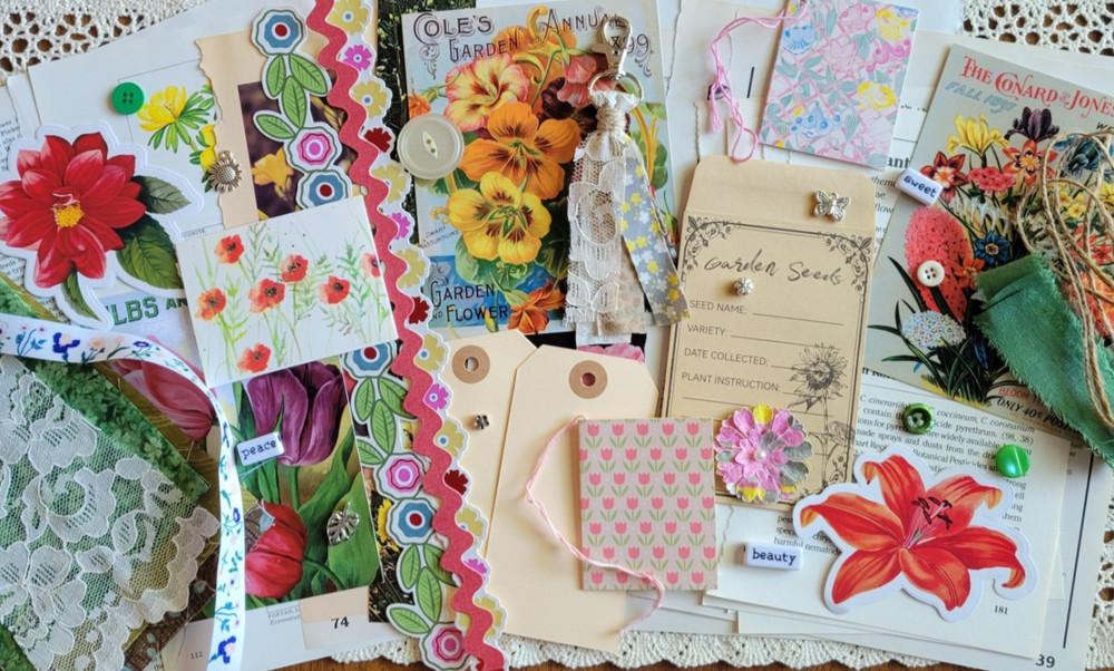 Vibrant Cottagecore Junk Journal Pack 50pc Garden Floral Paper Ribbon Tags
