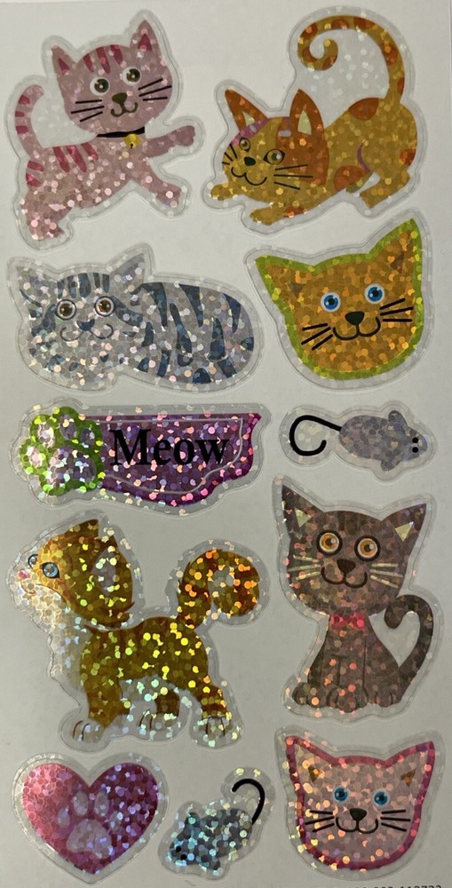 CATS MEOW Prismatic Stickers (11pcs)2.5”x 5” Kitten•Mouse•Paw Print•Felines•￼