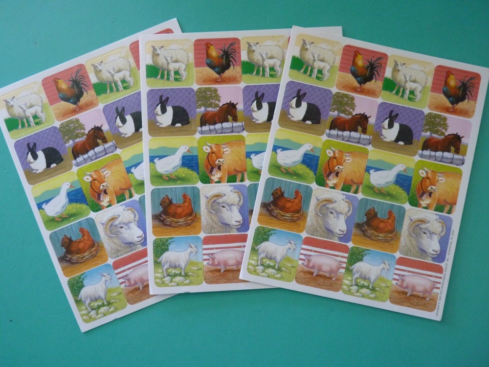 Vtg 1998 Eureka BARNYARD FARM ANIMALS Stickers (3)Complete Sheets Paper Magic