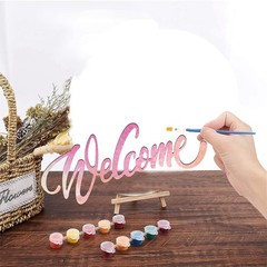 CREATCABIN Welcome Wood Letters Sign Unfinished Cutouts Wooden Wall Art Decor…