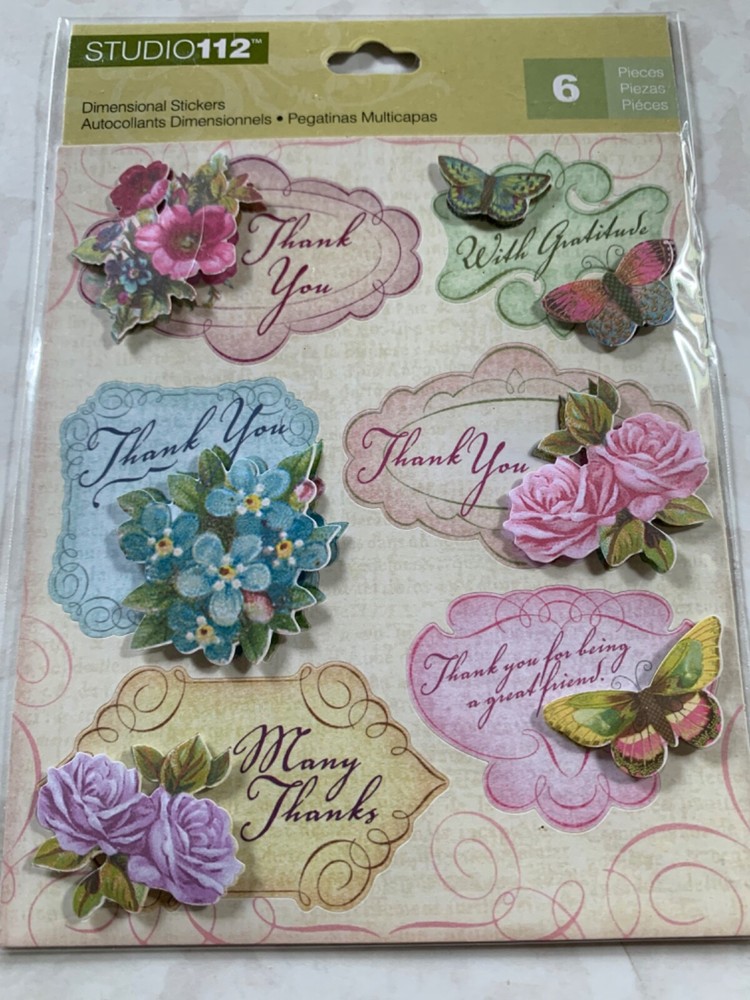 STUDIO 112 STICKER 3D FLORAL TAGS THANK YOU MANY THANKS WITH GRATITUDE FLOWERS