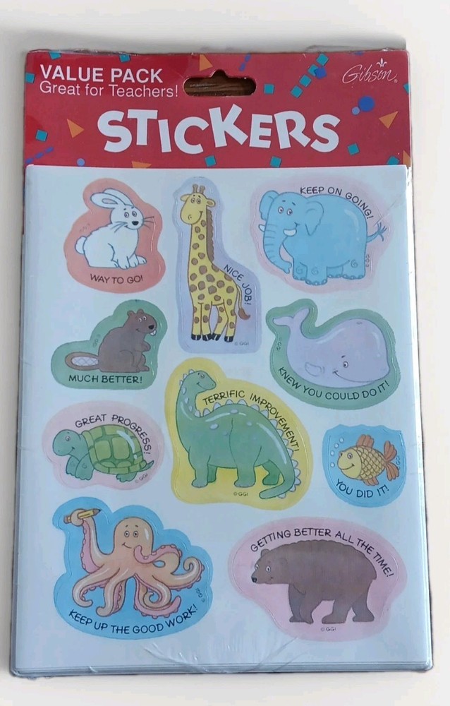 Vintage Sealed Pack Stickers ~8 Sheets Gibson Greetings Teacher Positive Animals