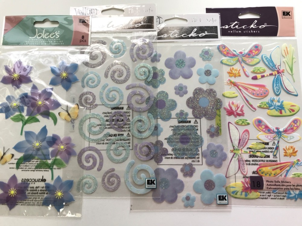 EK Success Jolee’s Sticko Purple Flowers Scrapbook Stickers Lot Dragonflies