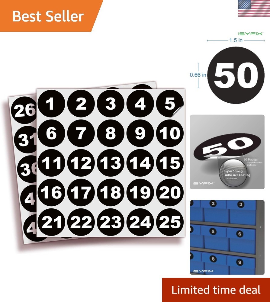 Black Consecutive Number Stickers, 1 to 50, 1 Inch, 1 Set | Vinyl Self Adhesi…