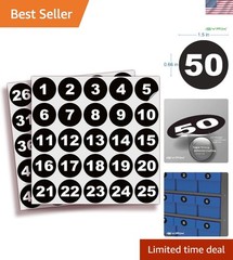 Black Consecutive Number Stickers, 1 to 50, 1 Inch, 1 Set | Vinyl Self Adhesi…