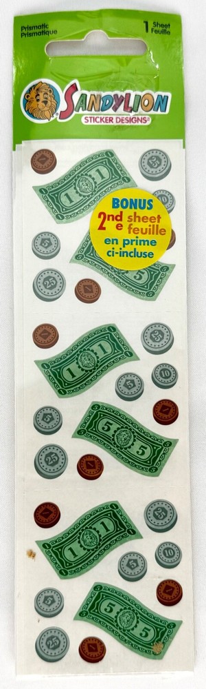 (1) Sealed + Bonus Sheet Sandylion Sticker Prismatic Money Dollars Cents VTG NOS