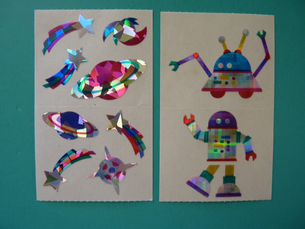 Vtg 1993 Mrs. Grossman’s Stickers PRISMATIC ROBOTS & PLANETS (4) Mods 2″x1.75″