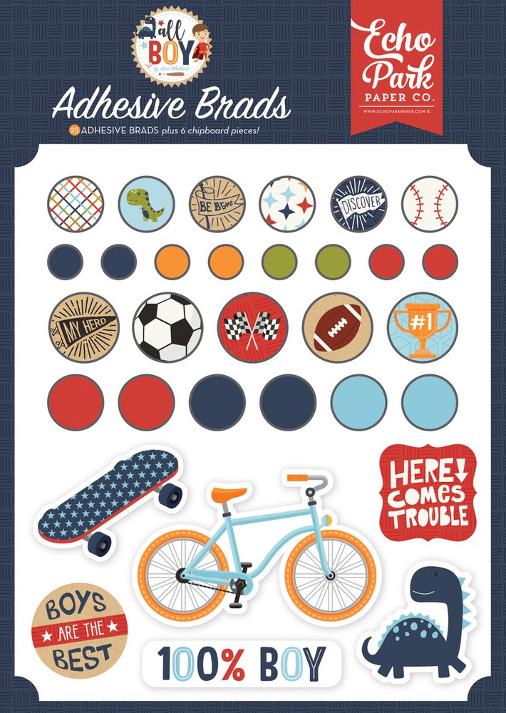 1 Pack of Echo Park Paper ALL BOY Adhesive Decorative Brads