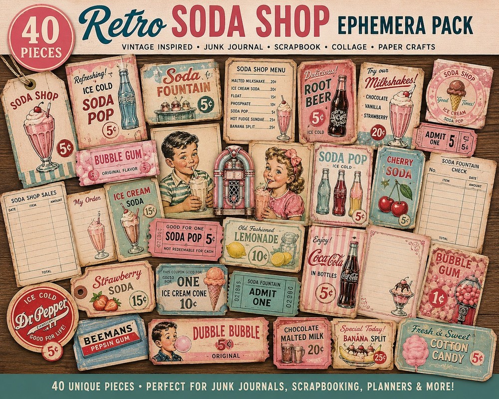 40-Piece Retro Soda Shop Ephemera Pack – Vintage Diner Junk Journal Supplies