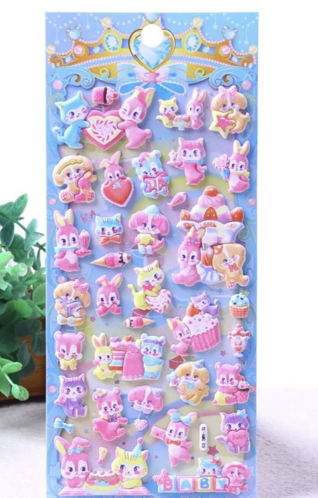 Kawaii Cute Puppies Rabbits And Kittens Puffy Sticker Sheet Scrapbook Diary Kid